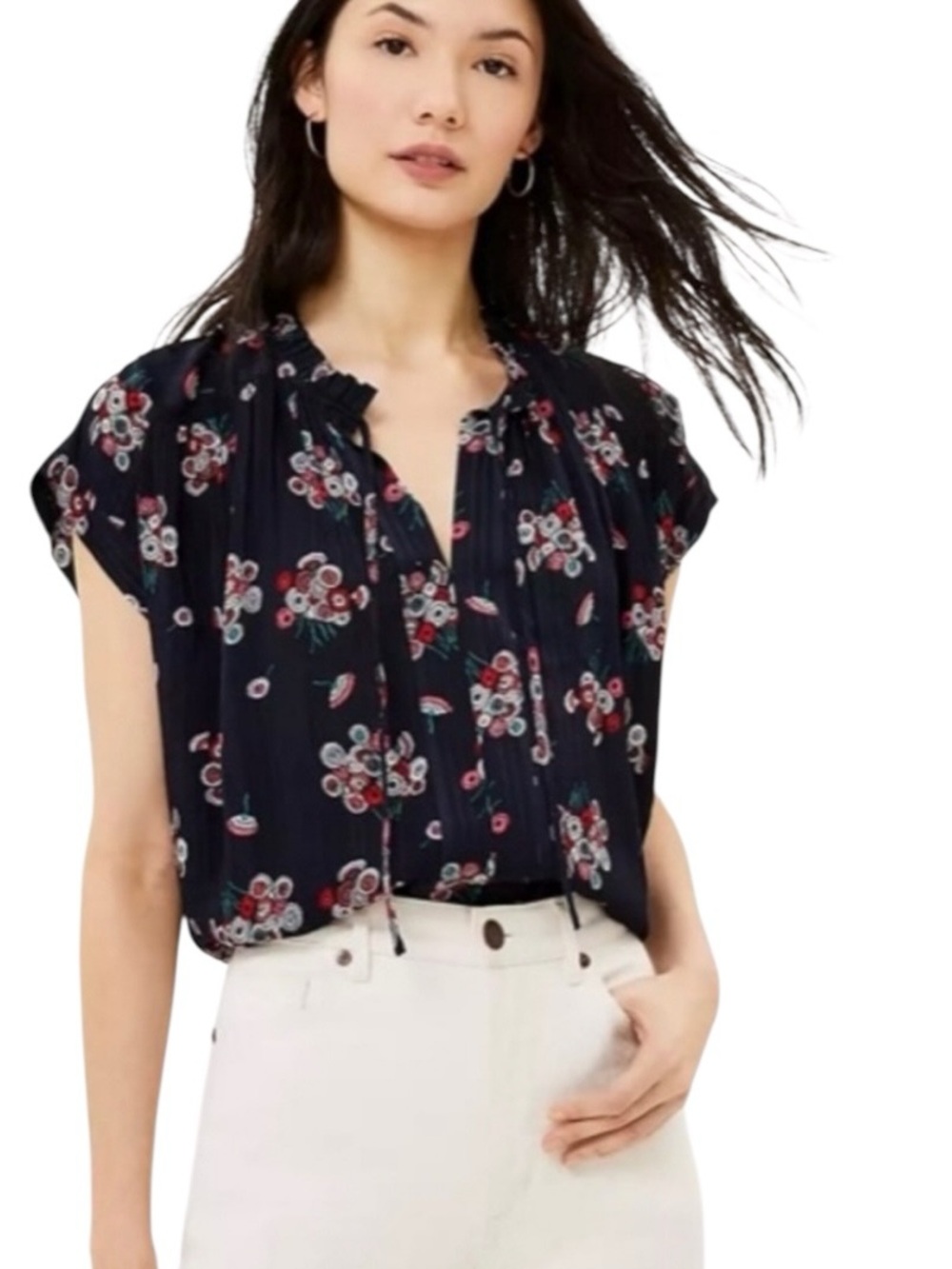 LOFT Navy Floral Tie-Neck Short Sleeve Blouse